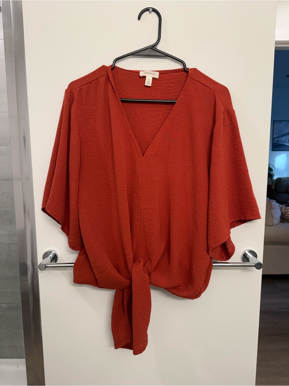 Rust Orange Tie-Front V-Neck Blouse
